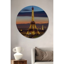 Eiffel Kulesi Paris Gün Batımı Yağlı Boya Görünümlü Dekoratif Ahşap Ev/işyeri/ofis Yuvarlak Tablo
