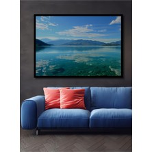 Çerçeve Görünümlü Turkuaz Göl Manzarası Sulu Boya Görünümlü Dekoratif Ahşap Işyeri/ofis Kare Tablo
