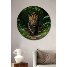 Ormanın Derinliklerinde Yağlı Boya Görünümlü Jaguar Ev/işyeri/ofis Dekoratif Ahşap Yuvarlak Tablosu