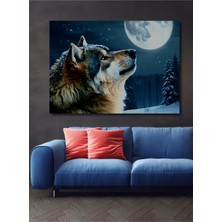 Dolunayda Uluyan Kurt Yağlı Boya Görünümlü Dekoratif Ahşap Ev/işyeri/ofis Kare Tablo