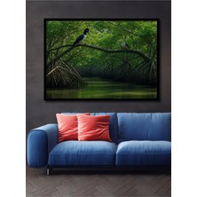 Çerçeve Görünümlü Mangrov Ormanında Kuşlar Pastel Boya Görünümlü Dekoratif Ahşap Ofis Kare Tablo