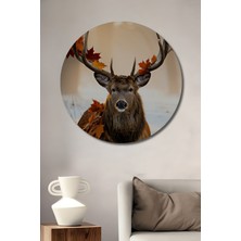 Sonbahar Yaprakları Taçlı Geyik Yağlı Boya Görünümlü Dekoratif Ahşap Ev/işyeri/ofis Yuvarlak Tablo