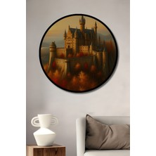 Çerçeve Görünümlü Sonbahar Rüyası Yağlı Boya Görünümlü Şato Ofis Dekoratif Ahşap Yuvarlak Tablo