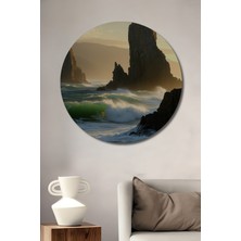 Sulu Boya Görünümlü Deniz Kayalıkları Manzarası Dekoratif Ahşap Ev/işyeri/ofis Yuvarlak Tablo