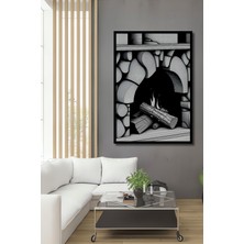 Çerçeve Görünümlü Kara Kalem Şömine Başı Odun Ateşi Ev/işyeri/ofis Dekoratif Ahşap Kare Tablosu