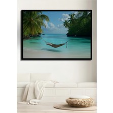 Çerçeve Görünümlü Turkuaz Rüyası Hamak Cenneti Yağlı Boya Görünümlü Dekoratif Ahşap Ofis Kare Tablo