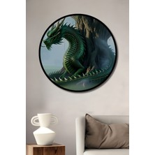 Çerçeve Görünümlü Yeşil Ejderha ve Yaşam Ağacı Yağlı Boya Görünümlü Ahşap Ofis Yuvarlak Tablo