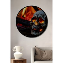 Çerçeve Görünümlü Korkunç Alev Kafatası Yağlı Boya Görünümlü Dekoratif Ahşap Ofis Yuvarlak Tablo