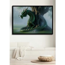 Çerçeve Görünümlü Yeşil Ejderha ve Yaşam Ağacı Yağlı Boya Görünümlü Dekoratif Ahşap Ofis Kare Tablo
