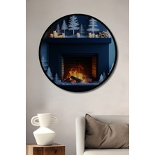 Çerçeve Görünümlü Noel Ağaçları ve Şömine Yağlı Boya Görünümlü Ofis Dekoratif Ahşap Yuvarlak Tablo
