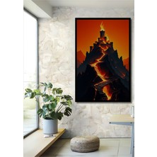 Çerçeve Görünümlü Alevler Içindeki Kale Yağlı Boya Görünümlü Dekoratif Ahşap Işyeri/ofis Kare Tablo