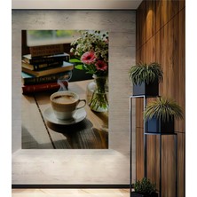 Kitaplar ve Çiçekler ile Kahve Keyfi Dekoratif Ahşap Ev/işyeri/ofis Kare Tablo