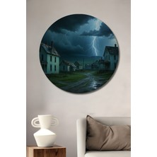 Fırtınalı Köy Yağlı Boya Görünümlü Dekoratif Ahşap Ev/işyeri/ofis Yuvarlak Tablo