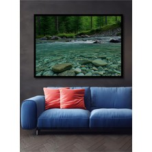 Çerçeve Görünümlü Berrak Nehir Manzarası Yağlı Boya Görünümlü Dekoratif Ahşap Ofis Kare Tablo