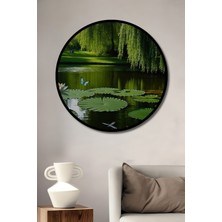 Çerçeve Görünümlü Huzurlu Nilüfer Bahçesi Yağlı Boya Görünümlü Ofis Dekoratif Ahşap Yuvarlak Tablo