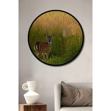 Çerçeve Görünümlü Altın Işıkta Geyik Yavrusu Yağlı Boya Görünümlü Ahşap Ofis Yuvarlak Tablo