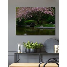 Sakura Ağaçları ve Gölet Pastel Boya Görünümlü Dekoratif Ahşap Ev/işyeri/ofis Kare Tablo