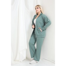 Şuranur Kadın Büyük Beden Fermuarlı Uzun Kollu Eşofman Takım Düz Dokuma Kumaş İnce Stil