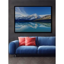 Çerçeve Görünümlü Buzul Dağlar ve Turkuaz Göl Yağlı Boya Görünümlü Dekoratif Ahşap Ofis Kare Tablo
