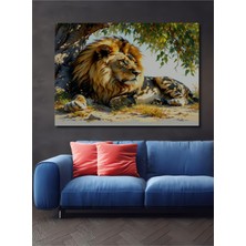 Ağaç Altında Yağlı Boya Görünümlü Aslan Ev/işyeri/ofis Dekoratif Ahşap Kare Tablosu