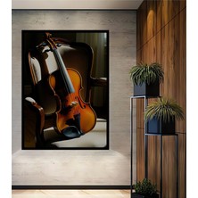 Çerçeve Görünümlü Yağlı Boya Görünümlü Keman ve Klasik Sandalye Ofis Dekoratif Ahşap Kare Tablosu