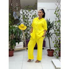 PT2256 Italyan Önü Cepli Kapüşonlu Keten Takım Sarı