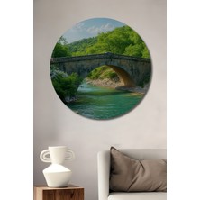 Taş Köprü ve Yeşil Nehir Yağlı Boya Görünümlü Ev/işyeri/ofis Dekoratif Ahşap Yuvarlak Tablo