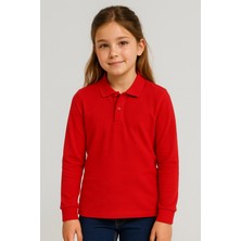 Bilge Trend Kırmızı Okul T-Shirt , Uzun Kollu Polo Yaka Kız Erkek Çocuk Unisex Okul Tişörtü