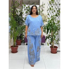 NC61253 Italyan Çiçek Baskılı Keten Takım Mavi