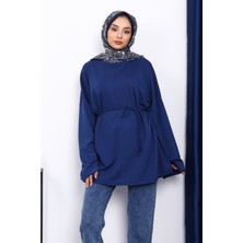 Lacivert Yanları Yırtmaçlı Bel Ipli Tunik