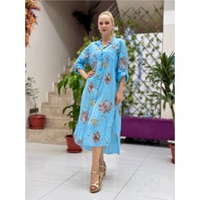 YG304003 Italyan Coton Pareo Gömlek Elbise Turkuaz