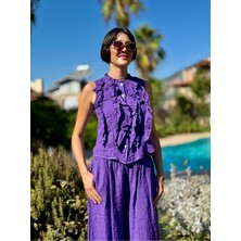 NC14092 Fırfırlı Kolsuz Italyan Keten Takım Mor