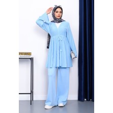 Bebe Mavi Bel Kuşaklı Hırka Pantolonlu Takım