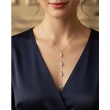 Renkli Taşlı Y Kolye Gold Renk