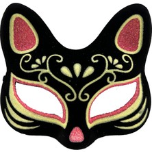 Siyah Renk Süet Kaplama Üzeri Kırmızı Sarı Simli Kedi Maskesi 17X14 cm