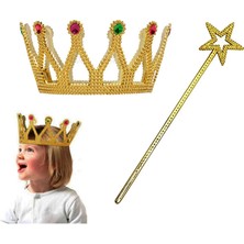 Çocuk Boy Kraliçe Prenses Tacı ve Yıldız Peri Asası Altın Renk