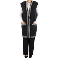 Kadın Önü Üç Düğmeli Desenli Cepli Kalın Büyük Beden Yelek