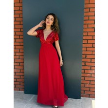 Kadın Kısa Kollu Derin V Yakalı A Kesim Pulpayet Detaylı Şifon Nedime Elbisesi