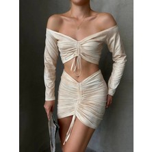 Büzgülü Etek Bluz Takım Bej S24709