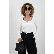 Ekru Uzun Kol Damla Yaka Bluz