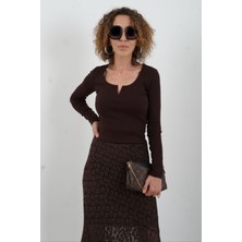 Kahve Uzun Kol Damla Yaka Bluz