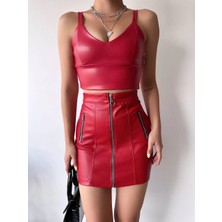 Üç Fermuarlı Deri Etek Bordo S24510