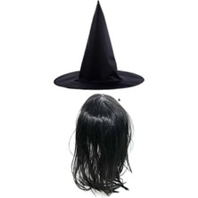 Büro Ev Ofis Gösteri Cadı Kostümü Için 2parça Siyah Uzun Peruk ve Şapka Seti