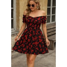 Arben Boutique Kadın Kısa Kollu Madonna Yaka Beli Lastikli Çiçek Desenli Kısa Süprem Elbise