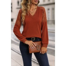 Passense Kadın Uzun Kollu V Yakalı Dantelli Waffle Bluz