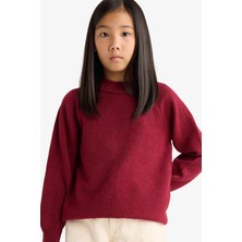 DeFacto Yılbaşı Kız Çocuk Bordo Bisiklet Yaka Triko Kazak Rahat ve Şık Tasarım