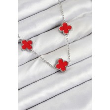 Zincir Gümüş Kırmızı Renk Yonca Kadın Kolye - EBJ250920W37851