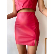 Tek Yırtmaçlı Arkadan Fermuarlı Deri Etek Fuşya S24475