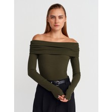 32128 Omuzları Açık Uzun Kollu Top-Açık Haki