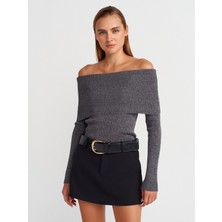 10808 Bardot Yaka Fitilli Simli Triko Kazak-Füme